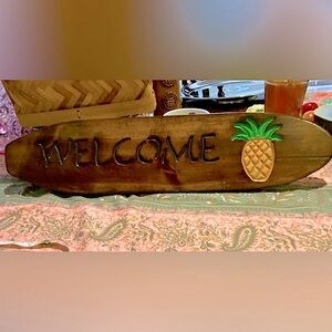 Handmade Wooden Welcome Sign with Pineapple Carving, by Carla Ferrari, 2006. EC